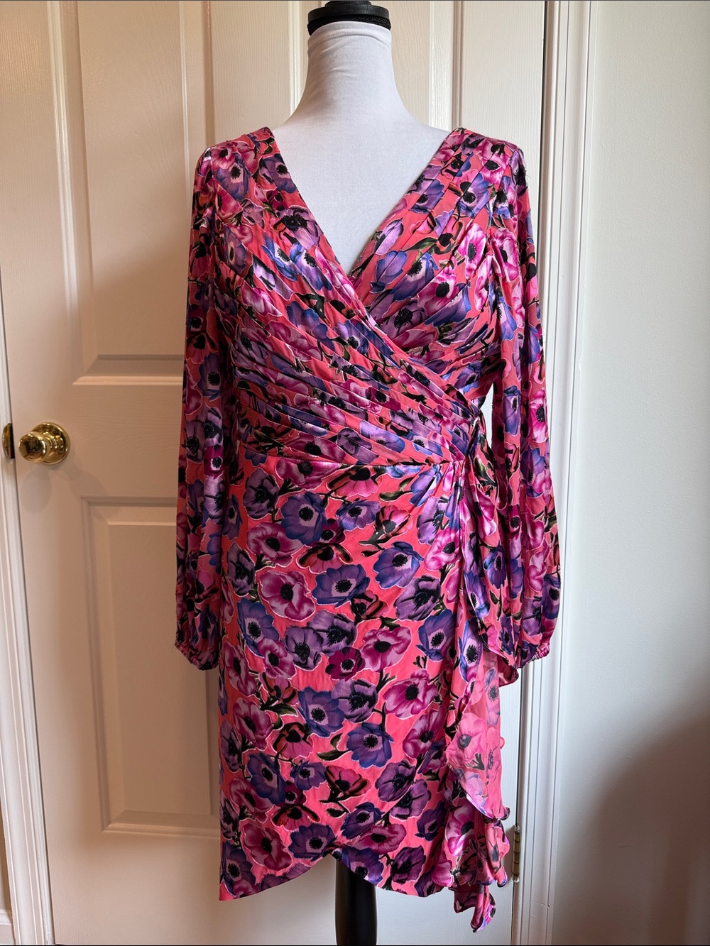 Theia Pink Floral Wrap-Front Long Sleeve Dress with Purple Blooms